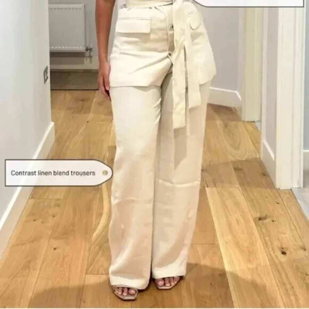 Zara Contrast Waist Linen Blend Pants‎ Blogger favorite Women XS NEW Zip Closure